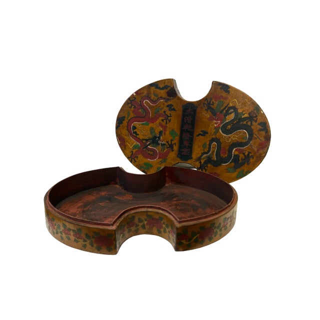 Chinese Chinese Distressed Mustard Yellow Dragon Graphic Oval Shape Box For Sale - Image 3 of 5