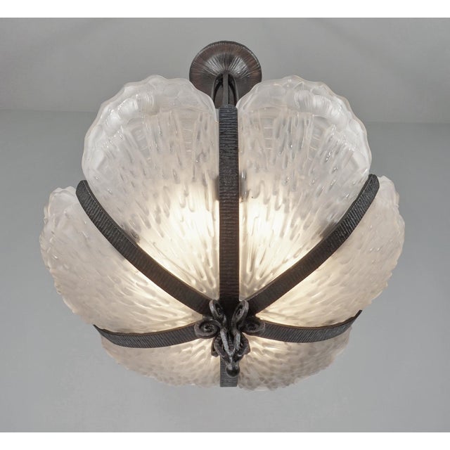 Metal French Art Deco Chandelier by B. Morin & Val Saint-Lambert 1920s France For Sale - Image 7 of 11