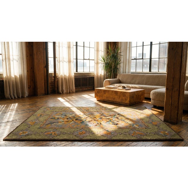 Textile 1930s Green Floral Folk Art Antique American Hooked Rug 3' 0" X 4' 7" Handknotted Wool Carpet For Sale - Image 7 of 9