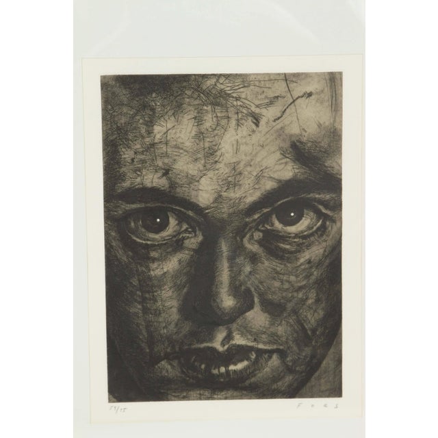 Newly framed self portrait intaglio etching by Cuban artist Jose Manuel Fors.