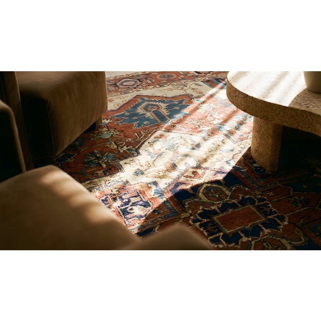 1880s Red Ivory Rustic Medallion Antique Persian Heriz Serapi Rug 11'8" X 14' Handknotted Wool Carpet For Sale - Image 9 of 9