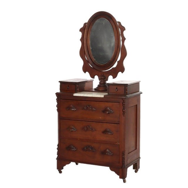 Walnut 5-Drawer Marble Top Child’s Dresser With Mirror & Carved Pulls Circa 1890 For Sale - Image 4 of 18