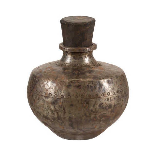 Mid 20th Century Vintage Indian Hammered Metal Water Vessel with Wooden Stopper For Sale - Image 5 of 13