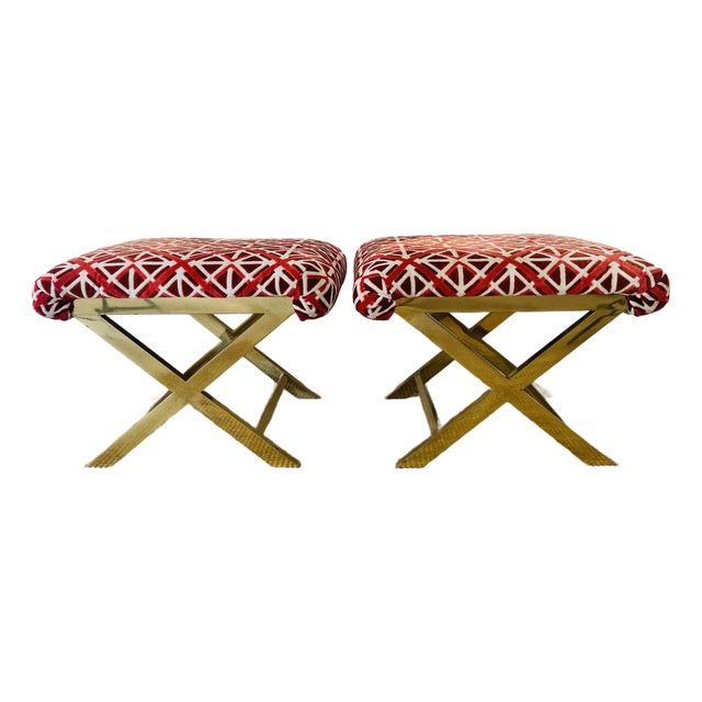 Vintage 1970s Pair of Brass X Base Weiman / Warren Lloyd Mastercraft Geometric Velvet Upholstered Stools Ottomans For Sale