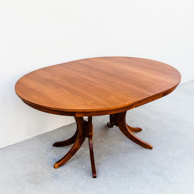 Restored Mid Century Modern Round Walnut Pedestal Base Dining Table For Sale In Los Angeles - Image 6 of 14