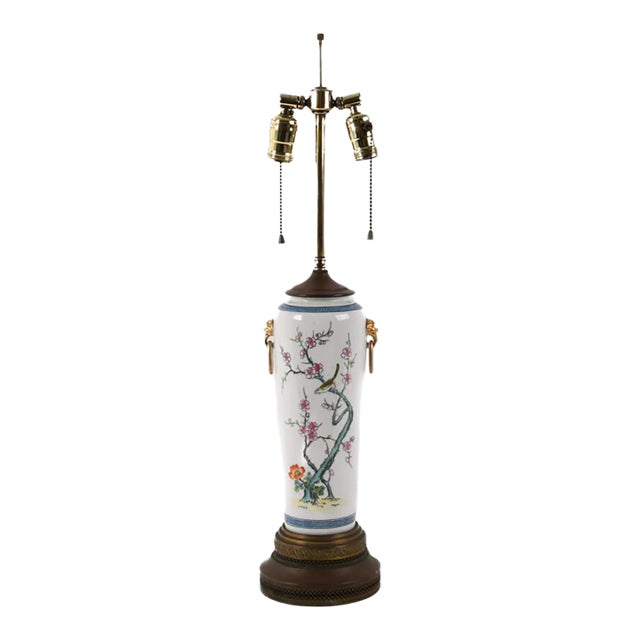 Porcelain Floral Table Lamp With Greek Key Motif and Hand‑Painted Design For Sale