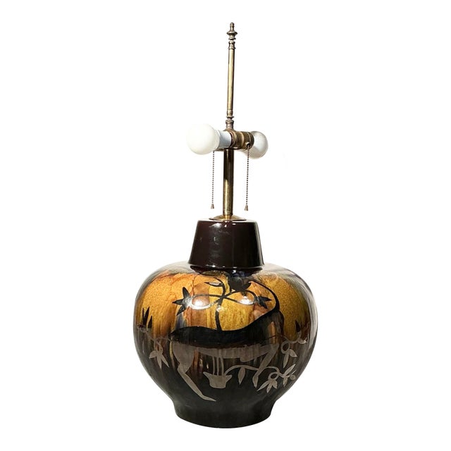Vintage Mid Century Modern Pottery Table Lamp Drip Glaze Silver Overlay Gazelle Ram For Sale