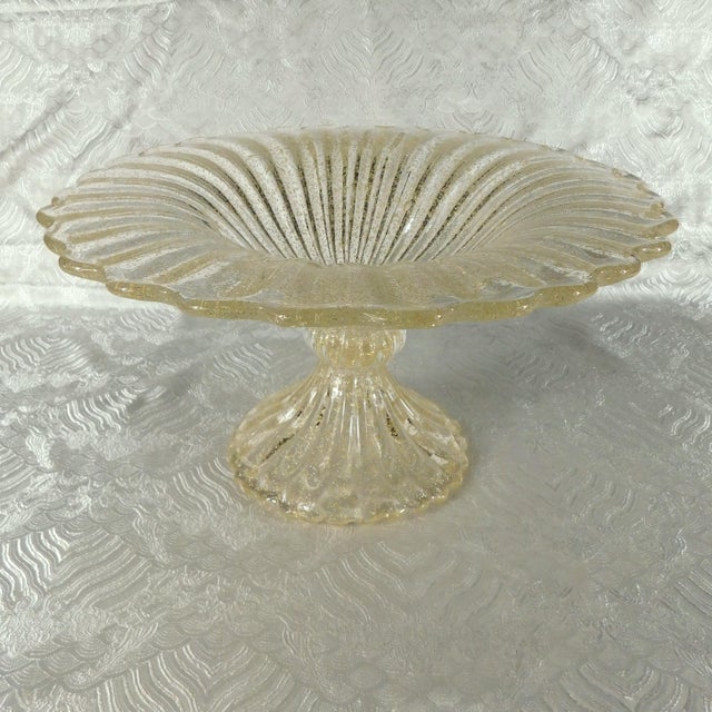 1940s Large Footed Clear Glass Bowl With Gold Glitter For Sale - Image 5 of 8