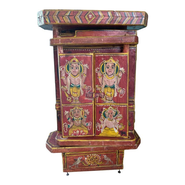 Antique Indian Hand-Painted Red Lacquer Wedding Box For Sale