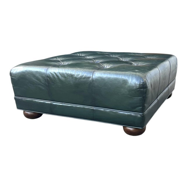Wood Vintage Deep Green Tufted Leather Ottoman For Sale - Image 7 of 11
