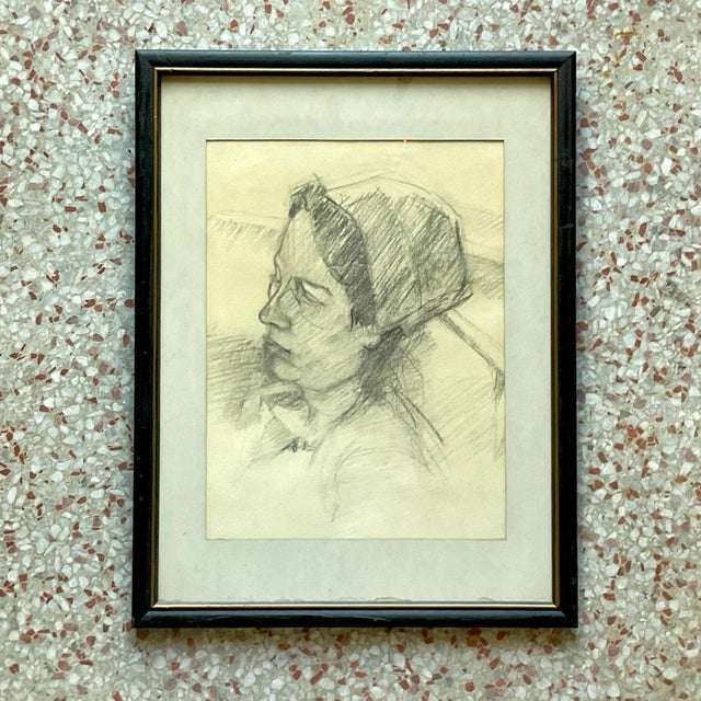 Light Yellow Mid 20th Century Vintage Pencil Sketch of Woman in Hat For Sale - Image 8 of 13