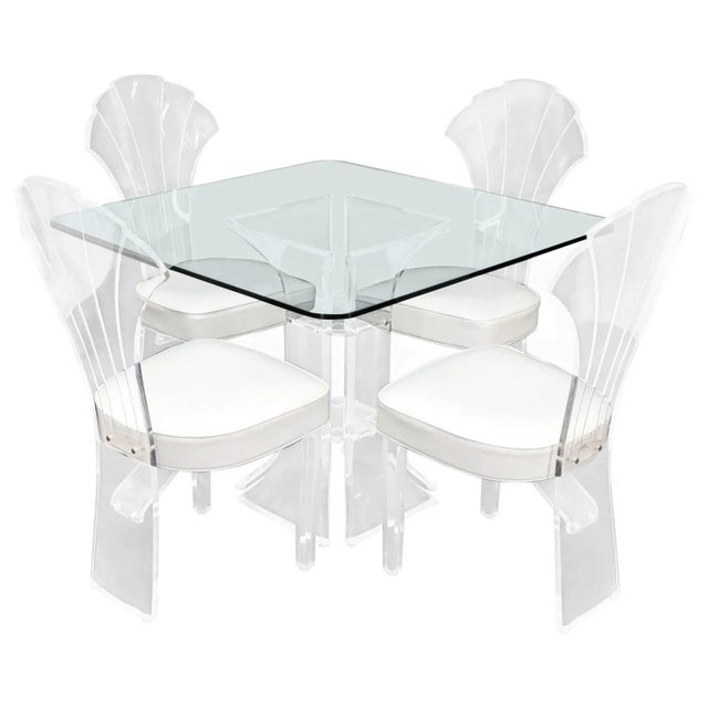 Set of 4 Lucite Dining Chairs Square Dining Table on Single Pedestal Base - 5 Pieces For Sale - Image 13 of 13