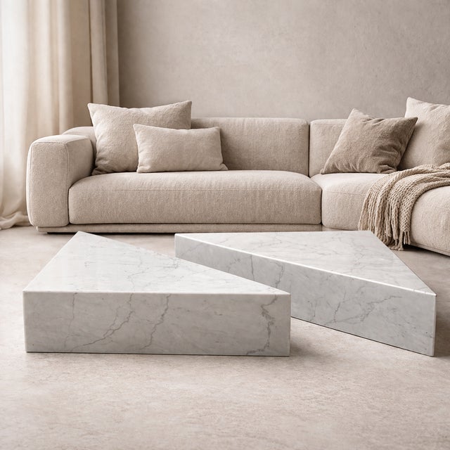 Stone Triangular Tables in Carrara White by Andrea Grasso, Set of 2 For Sale - Image 7 of 8