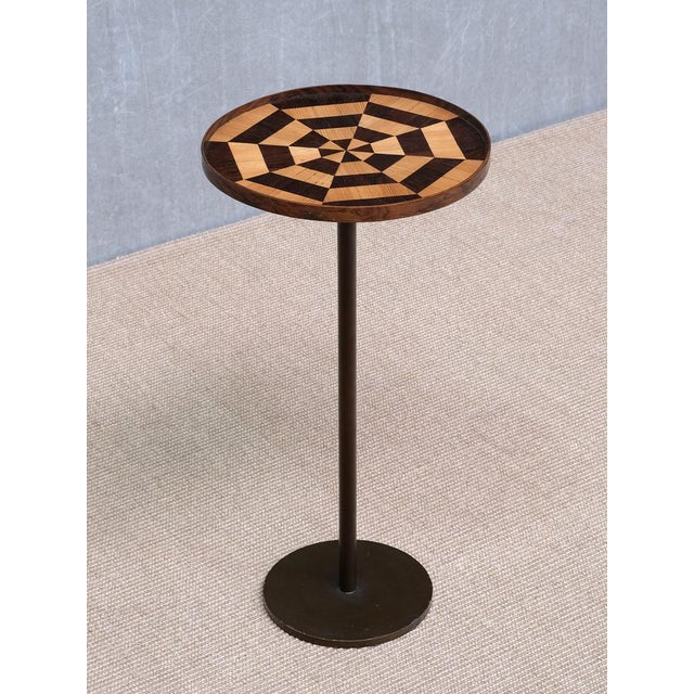 Danish Cabinetmaker Bronze Pedestal Table with Radial Marquetry Top, 1950 For Sale - Image 11 of 11