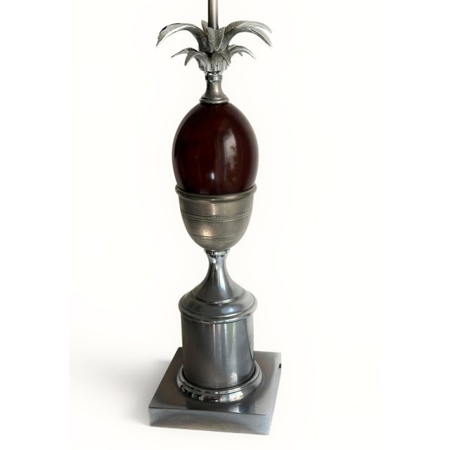 Large vintage chrome-plated brass two-light table or desk lamp, pineapple/egg design in amber-colored Bakelite, stem...