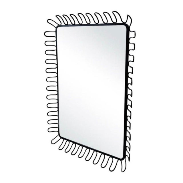 80s Postmodern Royère Insp Lacquered Spiral Framed Danish Metal Wall Mirror Dramatically minimalist, Danish Modernist Wall...