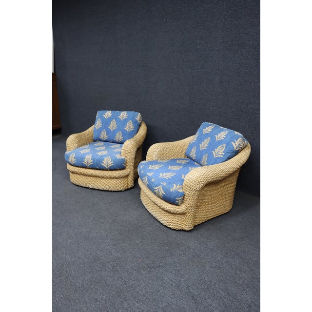 1980s Pair of Custom Wicker Swivel Lounge Chairs Attributed to Century Furniture, 1980s For Sale - Image 5 of 13