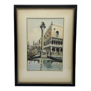 Mid-Century Signed Original Watercolor of Venice Piazza San Marco For Sale