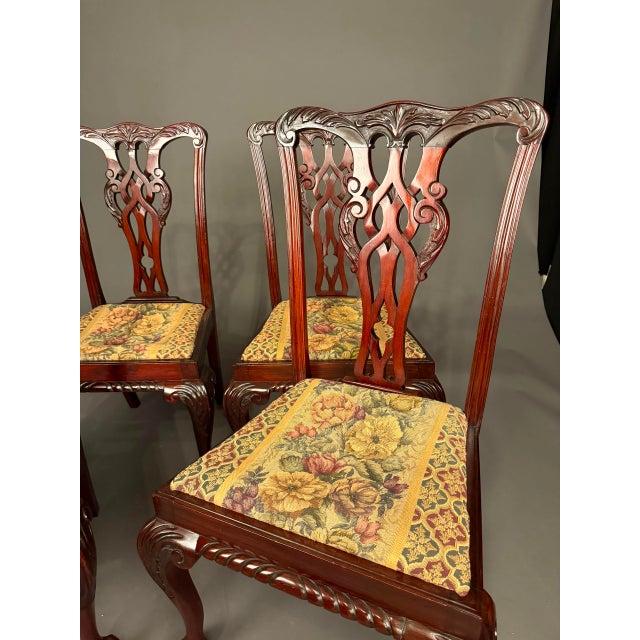 Antique Chippendale Style Mahogany Side Chair Set of 4 With Floral Upholstery, C. 1890 For Sale In Indianapolis - Image 6 of 16