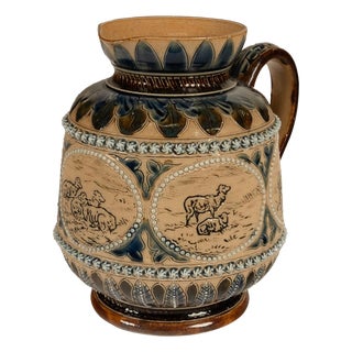 Antique Aesthetic Movement Doulton Lambeth Hannah Barlow Stoneware Jug Sheep, 1873 For Sale