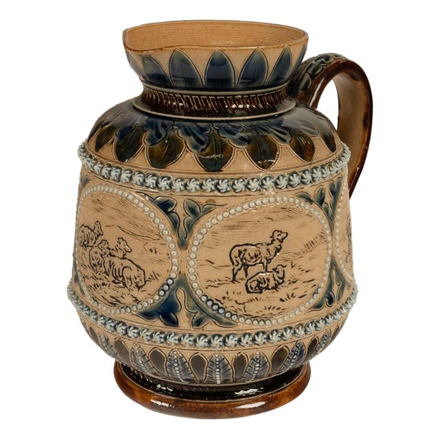 Antique Aesthetic Movement Doulton Lambeth Hannah Barlow Stoneware Jug Sheep, 1873 For Sale
