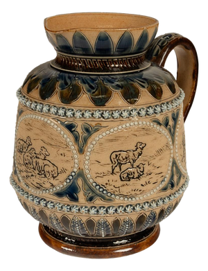 Antique Aesthetic Movement Doulton Lambeth Hannah Barlow Stoneware Jug Sheep, 1873