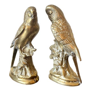 Vintage Solid Brass Parakeet Parrot Budgie Bookends For Sale
