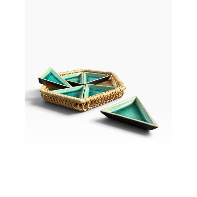 Mid-Century Modern Vintage Rattan Tray With Turquoise Geometric Ceramic Inserts Divided Serving Dish For Sale - Image 3 of 5