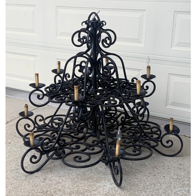 Rustic Large Black Wrought Iron Chandelier With 12 Lights For Sale - Image 3 of 9