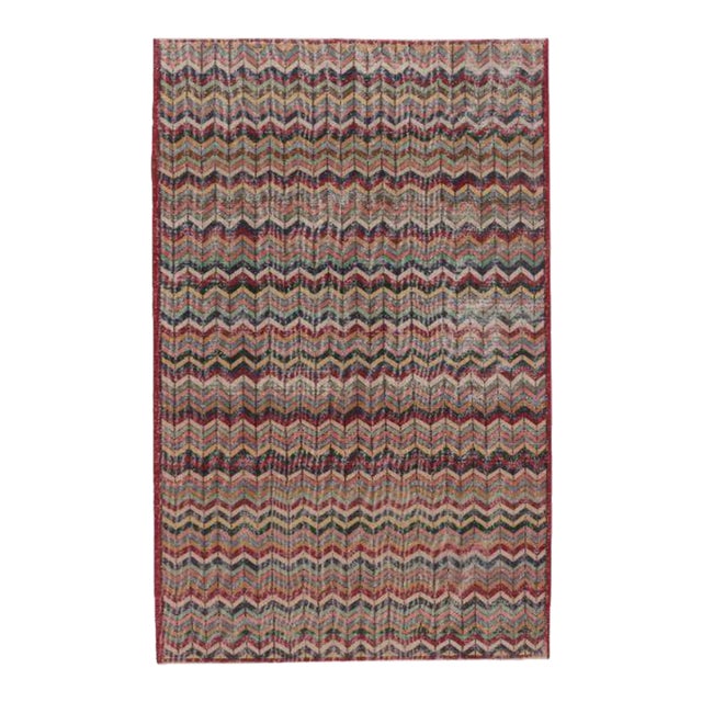 Vintage Turkish Rug With Distressed Chevron Pattern in Multicolor - Rug & Kilim For Sale