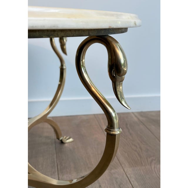 1940s Round brass coffee table with swan heads and feet & Marble Top Attributed to Maison Jansen For Sale - Image 9 of 12