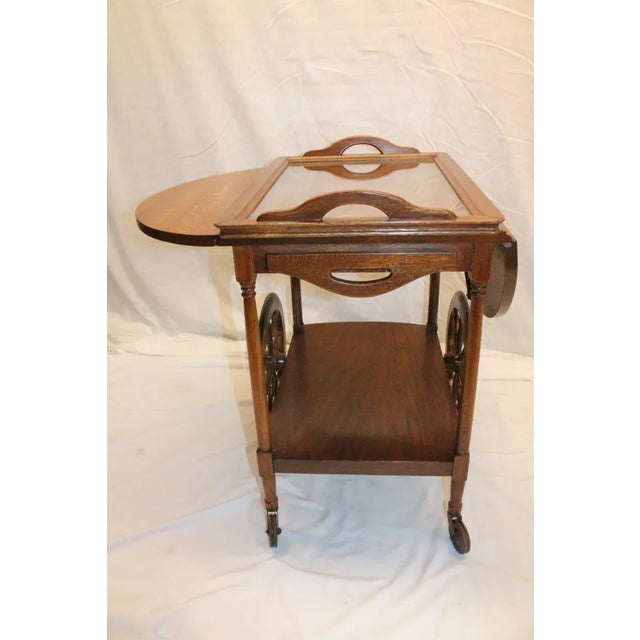 Arts & Crafts Early 20th Century Arts & Crafts Tiger Oak Serving Drop Leaf Table, Tea Cart With Tray For Sale - Image 3 of 9