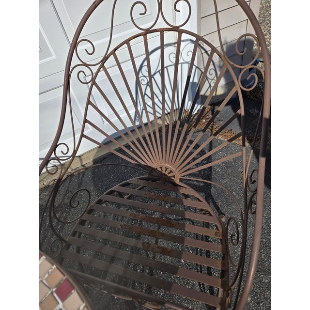 Vintage Wrought Iron Outdoor Bistro Mosaic Top Iron Table Table Top & 2 Chairs For Sale In New York - Image 6 of 12