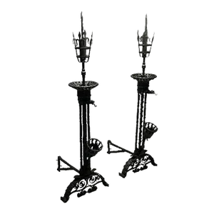 Pair Monumental Samuel Yellin Style Wrought Iron Andirons, Italian Renaissance