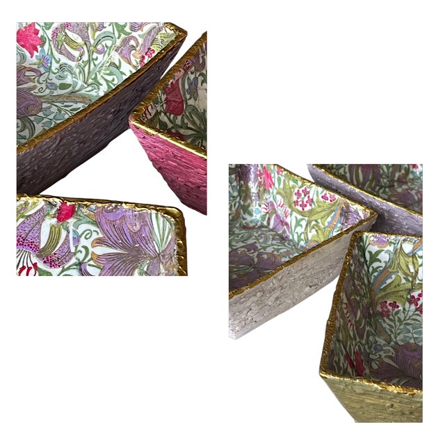 Contemporary Boho Chic Set of 4 Ceramic Travertine Style Stoneware Bowls; Wm Morris "Golden Lily" Resin Finish, Food-Safe for Dips, Bath, Vanity, Desk 6x4.5x3.5 For Sale - Image 3 of 3