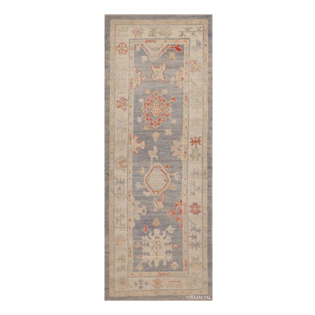 Soft Pastel Ivory Cream Modern Turkish Oushak Design Runner Rug For Sale