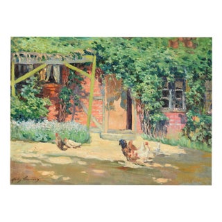 Molly Cramer, Farm with Chickens, Oil on Canvas, Framed For Sale