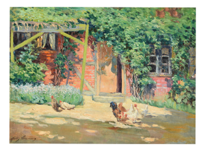 Molly Cramer, Farm with Chickens, Oil on Canvas, Framed