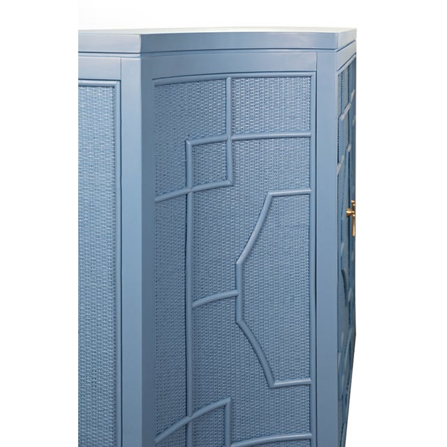 Wood Matthew Izzo Home Isabel Capri Blue Greek Key Design Rattan Overlay With Brass Accents For Sale - Image 7 of 8