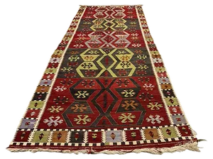 Large Vintage Turkish Red, Black, and Green Wool Kilim Runner Rug, 1950s