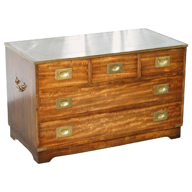 Reprodux Campaign Chest of Drawers with Leather Top by Bevan Funnell For Sale