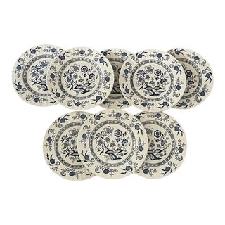 J&g Meakin English Ironston Blue and White Blue Nordic Onion Pattern Dinner Plates - Set of 8 For Sale