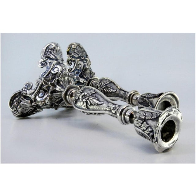 Candlesticks in Embossed Silver with Flowers For Sale - Image 6 of 9