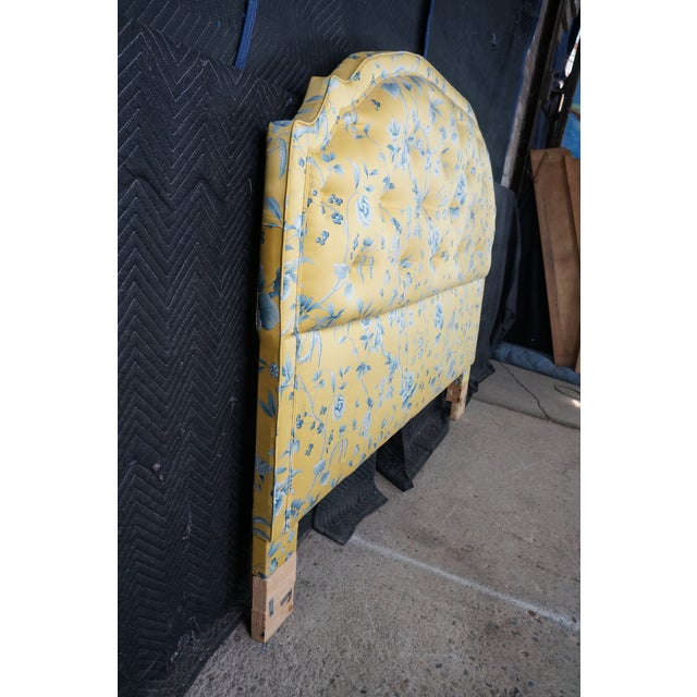 Textile Vintage Yellow & Blue Chintz Upholstered Serpentine Tufted King Size Headboard For Sale - Image 7 of 14