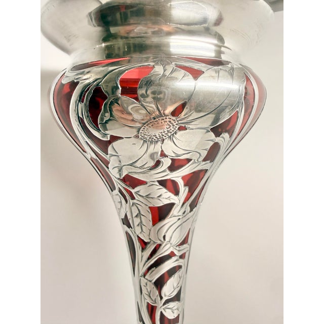 Beautiful Art Nouveau sterling silver overlay cranberry vase, likely manufactured by the Alvin Manufacturing Company (no...