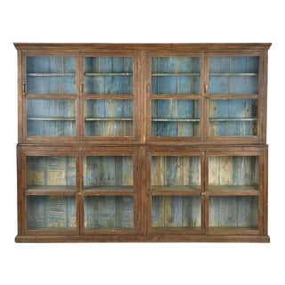 Large Patinated Solid Wood Bookcase For Sale
