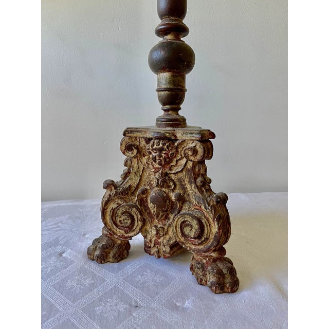 Copper 18th Century Candle Stick in Italian Wood For Sale - Image 8 of 10