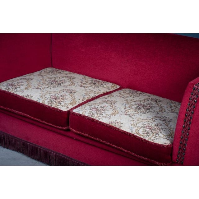 Vintage Red Velvet Knole Sofa with Floral Cushions, 1950s For Sale - Image 6 of 13
