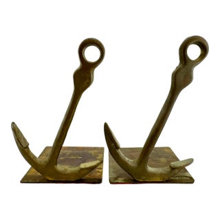 Vintage Mid Century Brass Anchor Bookends With Nautical Style, a Pair For Sale