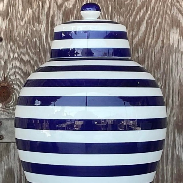 Vintage Contemporary Glazed Ceramic Striped Ginger Jar For Sale - Image 11 of 12